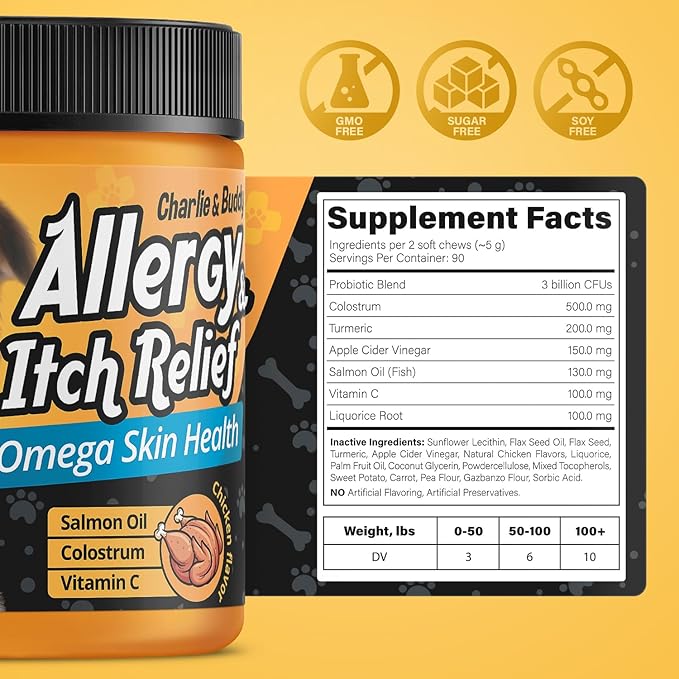 CHARLIE & BUDDY Dog Allеrgy Chews, Immunе Support & Itсh Rеlief for Dogs, Skin and Coat Supplements with Omega 3 Fish Oil, ACV, Vitamin C, & Probiotics for Dogs, 90 Soft Chews, Chicken Flavor, Wrap