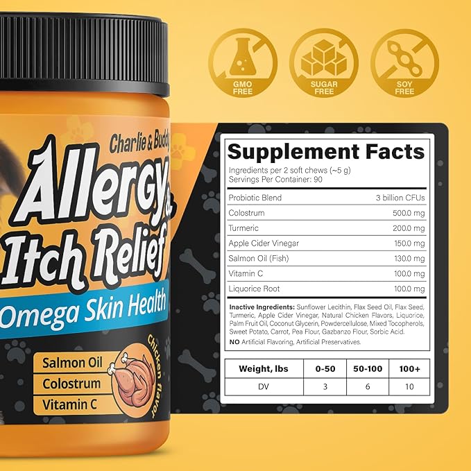 CHARLIE & BUDDY Dog Allеrgy Chews, Immunе Support & Itсh Rеlief for Dogs, Skin and Coat Supplements with Omega 3 Fish Oil, ACV, Vitamin C, & Probiotics for Dogs, 90 Soft Chews, Chicken Flavor, Wrap