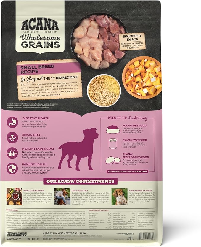 ACANA Wholesome Grains Dry Dog Food, Small Breed Recipe, Chicken and Turkey Dog Food, 4lb