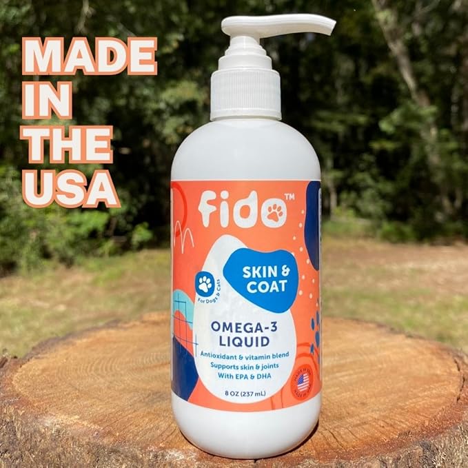 Fido Omega 3 Fish Oil for Dogs, 8 oz | EPA & DHA-Enriched for Skin, Coat, Joint & Heart Health | Tasty Supplement for All Breeds | Made in USA | Ideal for Sensitive Skin