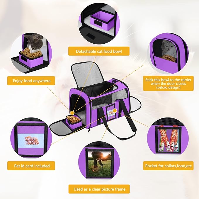 Cat Carrier, Dog Carrier, Pet Carrier Airline Approved for Cat, Small Dogs, Kitten, Cat Carriers for Small Medium Cats Under 15lb, Collapsible Soft Sided TSA Approved Cat Travel Carrier-Purple