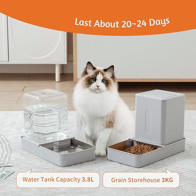 Automatic Cat Food and Water Dispenser Set - Stainless Steel Cat Feeder and Water Dispenser Gravity Elevated Large Cat Water Bowl Dispenser Cat cat Dry Food Dispenser (3.8L)