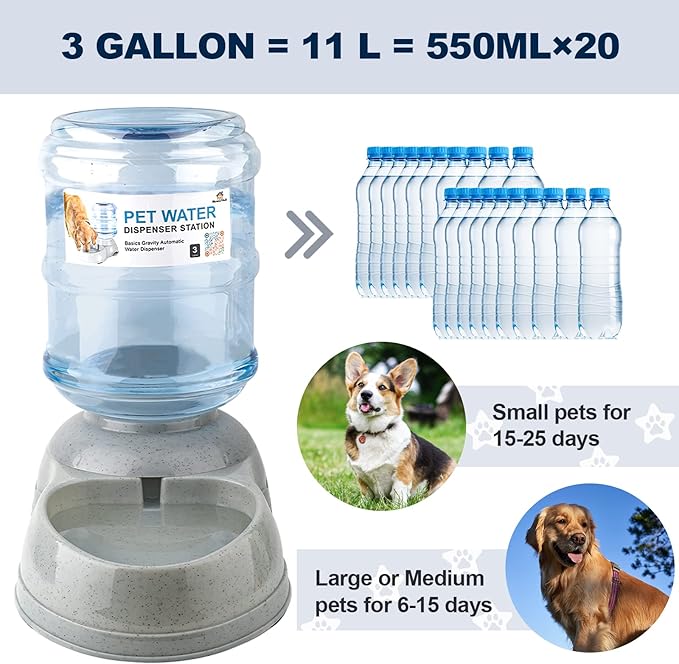 Water Dispenser Station for Large Dogs and Cats, 3 Gallon Gravity Automatic Feeder, Large Size Dog Drinking Fountain
