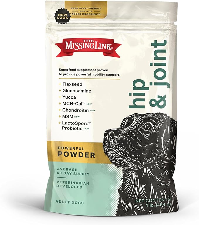 The Missing Link Hip & Joint Probiotics Superfood Supplement Powder for Dogs - Omegas 3&6, Fiber, Glucosamine, Chondroitin, MSM, HA - Cartilage & Bone Health, Joint Mobility & Flexibility - 1lb