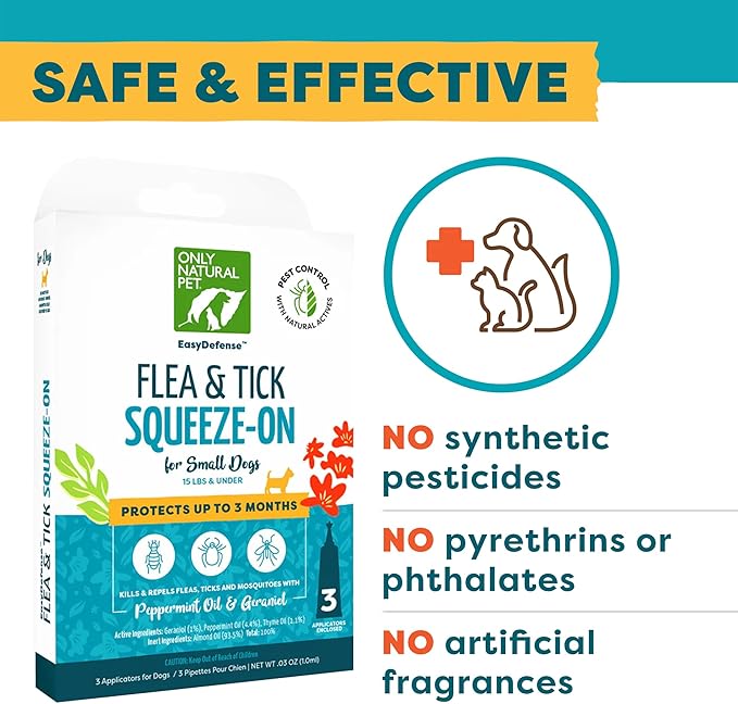 Only Natural Pet Flea and Tick Prevention for Small Breed Dogs (up to 15 lbs) - EasyDefense Flea Remedy - Natural Flea Control Herbal Squeeze-On Drops - Three Month Supply (Single)