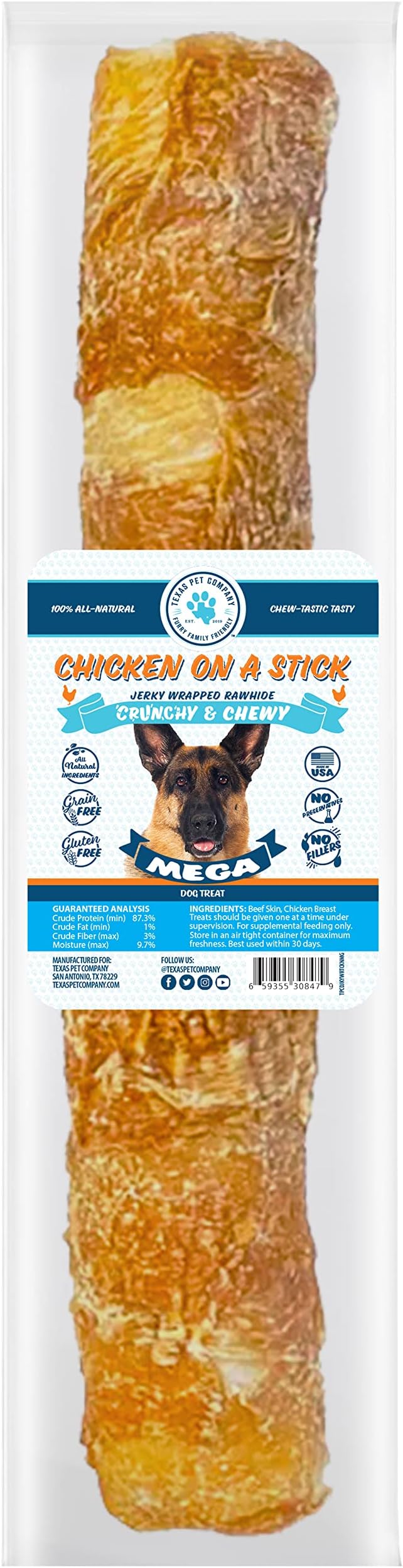 Chicken On A Stick Crunchy & Chewy Chicken Jerky Wrapped Rawhides for Large Dogs, Made in The USA 2-in-1 Dog Treats for Large Dogs, Mega Size 1 Ct