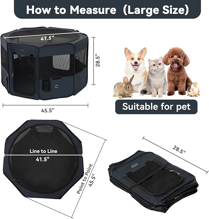 PETSFIT Dog Playpen, 45.5" Sturdy Pop Up Dog Kennel Foldable Dog Pen Indoor Outdoor Puppy Playpen for Medium Dogs Cats with Traveling Bag Zipper Sealed Removable Mesh Top Leakproof Bottom Mat Blue L