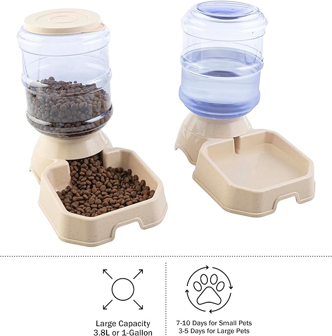 Automatic Cat Feeder and Water Dispenser - 2-Pack 3.8L/1G Dog Food and Water Bowl - Gravity Automatic Water Dispenser for Dogs and Cats by PETMAKER