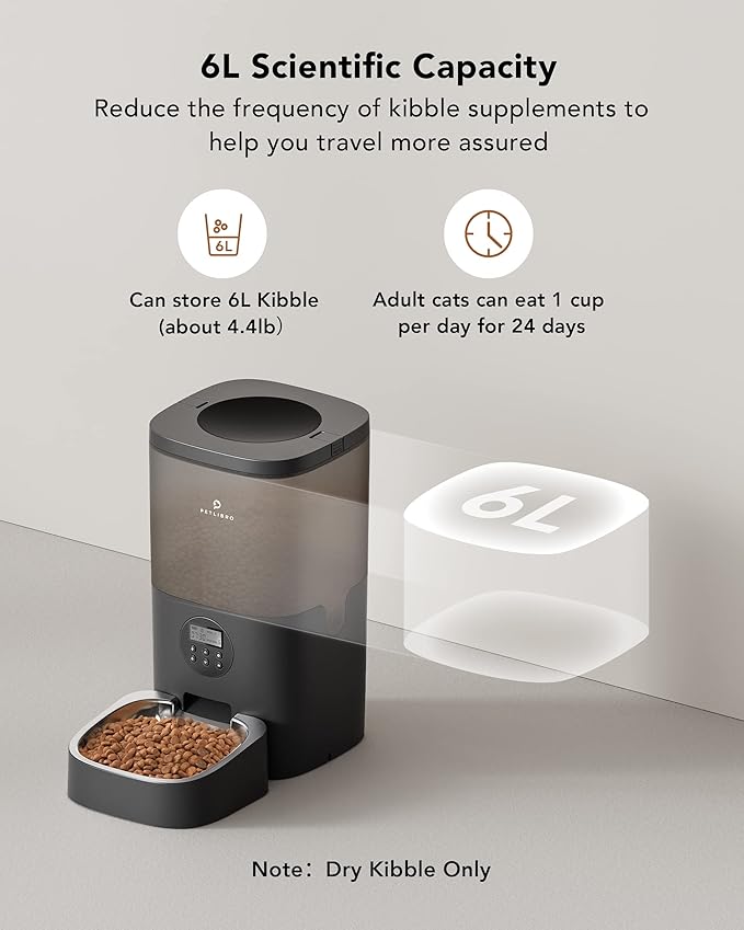 PETLIBRO Automatic Dog Feeder, 6L Dog Food Dispenser with Timer Interactive Voice Recorder, Auto Dog Feeder with Desiccant Bag 1-4 Meals Dry Food, Black Transparent