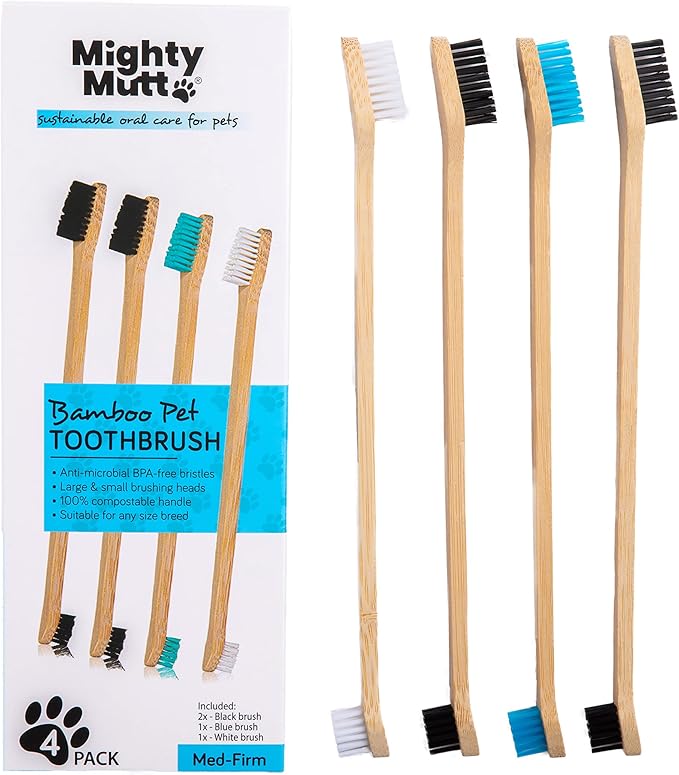 Mighty Mutt Bamboo Pet Toothbrush – Double-Sided Dog Toothbrush | Easy to Use for Dog Teeth Cleaning | Pet Friendly | Soft, Gentle Dog Tooth Brush for Any Size Breed – 4 Pack