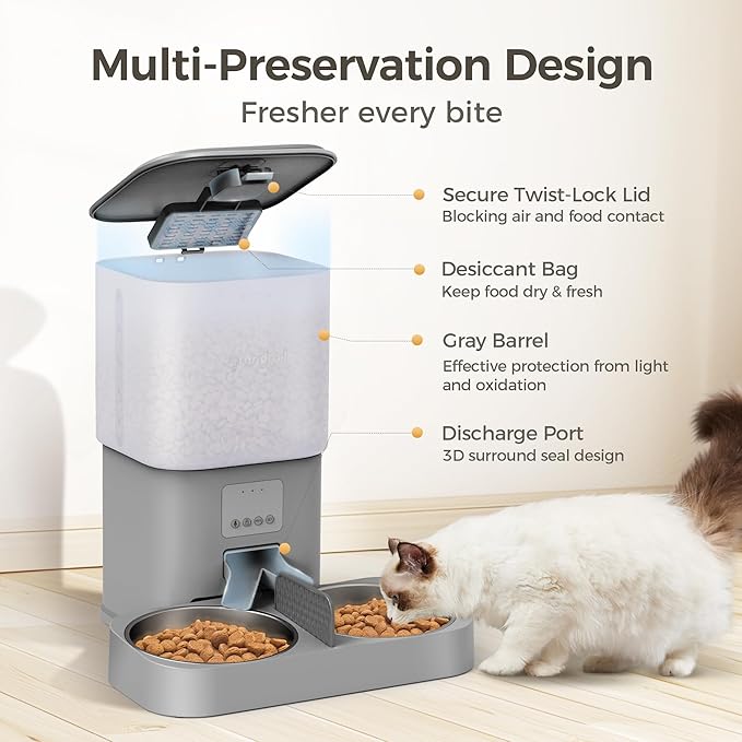Automatic Cat Feeder, Wifi Cat Food Dispenser with APP Control for 2 Cats & Dogs, 6L Elevated Timed Cat Feeder Programmable 1-10 Meals,10s Meal Call,Dual Power Supply, 2 Stainless Bowls