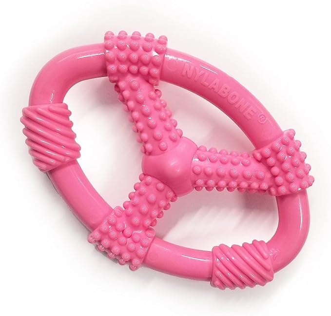 Nylabone Spin Tug & Play Pink Puppy Chew Toy for Teething - Puppy Supplies - Peanut Butter Flavor, Medium/Wolf (1 Count)