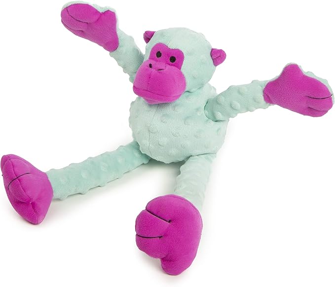 goDog Crazy Tugs Monkey Squeaky Plush Tug Dog Toy, Chew Guard Technology - Turquoise, Large