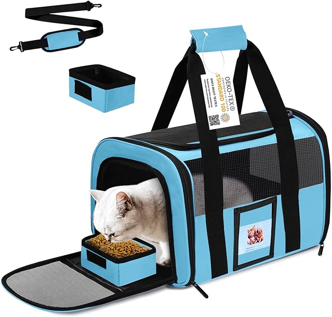 Cat Carrier, Dog Carrier, Pet Carrier Airline Approved for Cat, Small Dogs, Kitten, Cat Carriers for Small Medium Cats Under 15lb, Collapsible Soft Sided TSA Approved Cat Travel Carrier-Blue