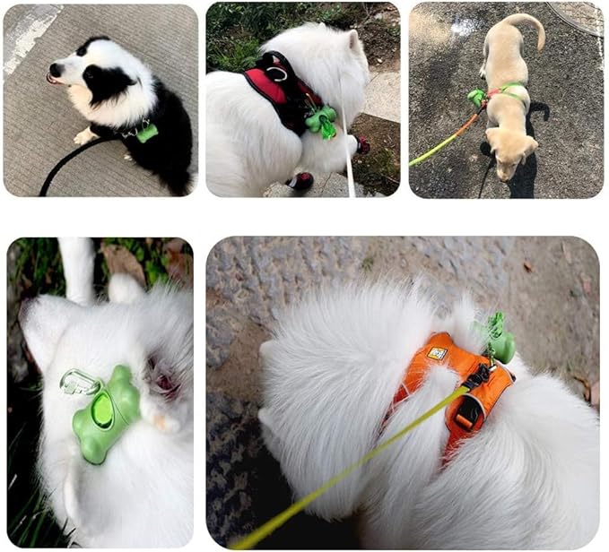 Dog Poop Pickup Bags Holder Dispenser with 1 Roll Random Color Leak-proof Scented Doggy Waste Bags and Carabiner with Safety Lock Plus Hook and Loop Fastener Never Loose on Leash Lead Again (Green)