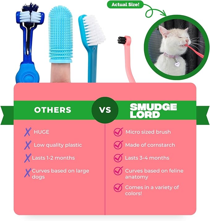 RYERCAT Dual Sided Cat Toothbrush - Kitten Toothbrush with Micro Head to fit into Cat/Kittens Mouth - Cat Dental Care Supplies - Pet Toothbrush for Cats (Smudgelord)