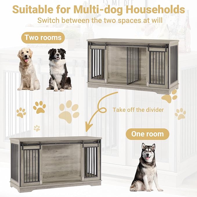 61'' Double Dog Crate Furniture for 2 Dogs, Large Double Dog Kennel Furniture TV Stand, Heavy Duty Dog Crate, Furniture Style Dog Crate End Table, Wood Crates for Dogs Kennel Indoor