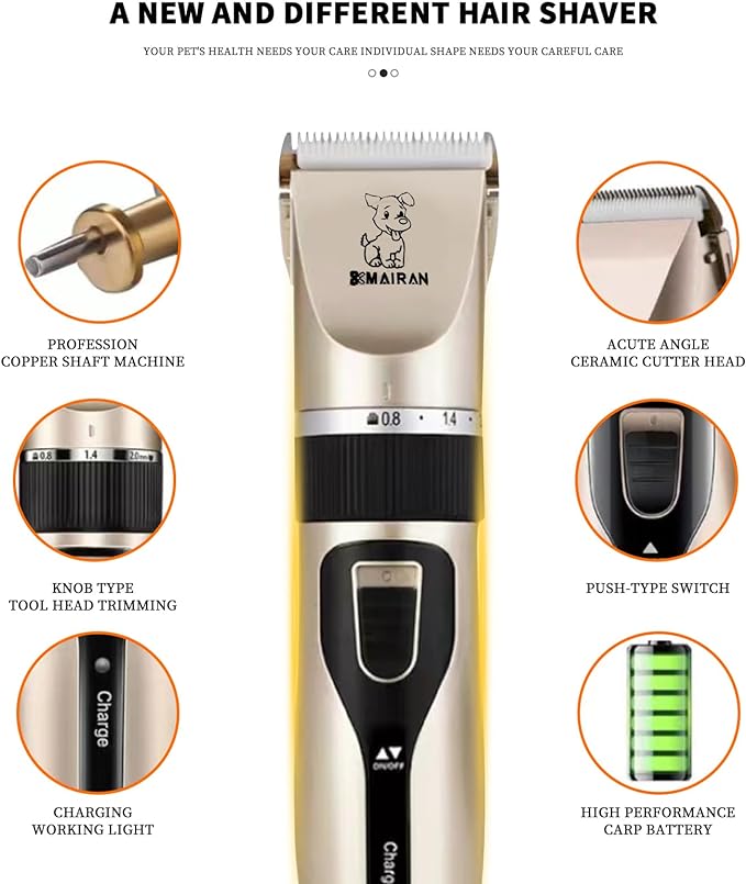 MAIRAN Dogs Pet Shaver Low Noise USB Charging Cordless Dog Grooming Kit Electric Pet Hair Trimmer Pet Hair Trimmer Large Medium and Small Dog and Cat Animal Shaver (Gold)