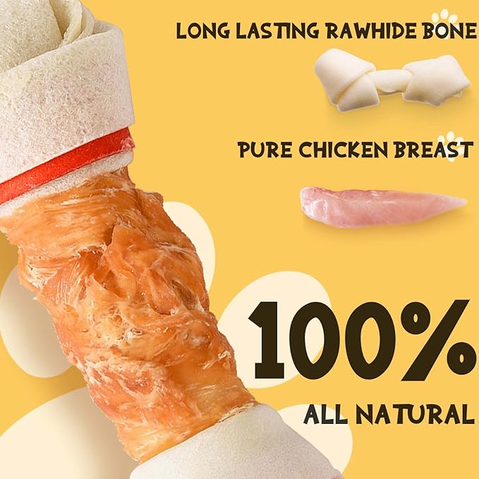 ASMPET Dog Chews Long Lasting, 6.5" Knotted Dog Bones Dog Chew Treats, Human Grade Chicken Wrapped Rawhide Bones for Large Dogs Natural Dog Treats Small Dogs for Medium Dogs Puppy Chew Bones