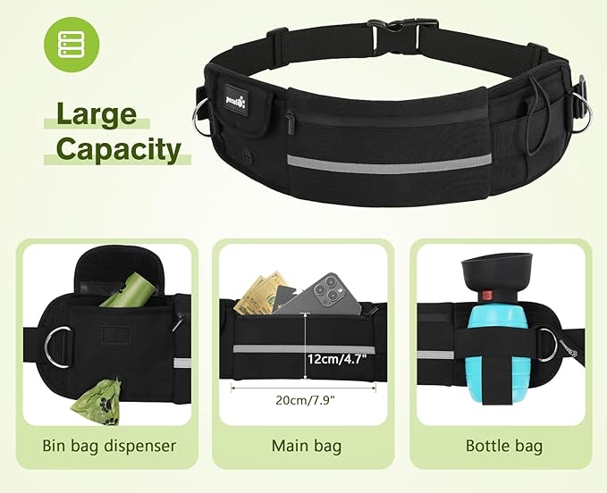Pecute Hands Free Dog Leash with Pouch, Waist Belt Fanny Pack with Soft Pads, Dual Padded Handles and Durable Bungee for Walking, Hiking, Jogging Biking, and Running (Up to 220lbs) Black