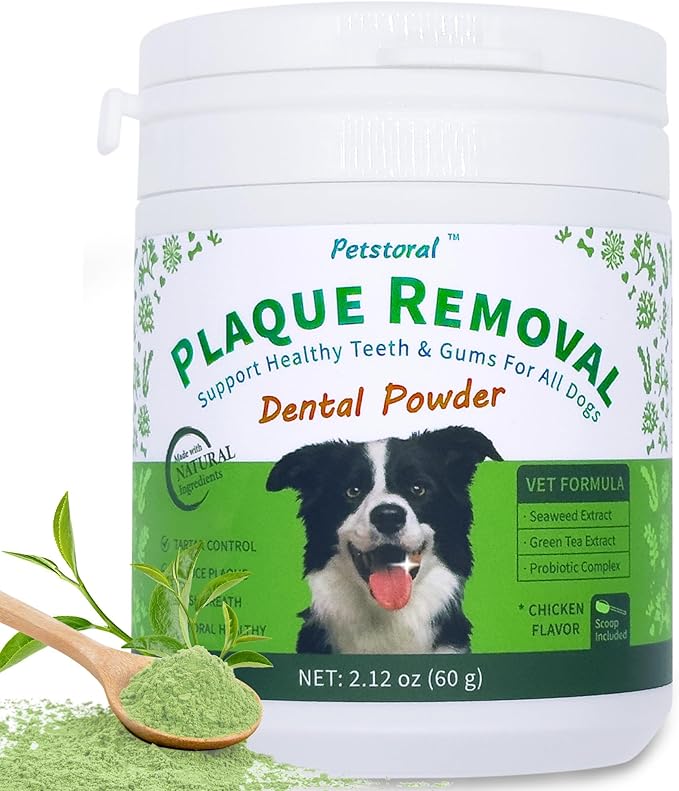 Plaque Removal Natural Dental Powder - Dog Dental Care and Bad Breath Treatment, Dog Teeth Cleaning Powder for Healthy Teeth & Gums for All Dogs - 60g