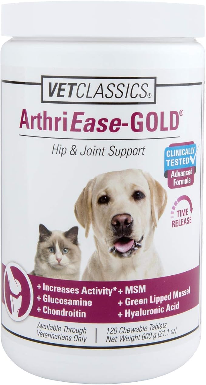 Vet Classics ArthriEase-Gold Hip & Joint Support for Dogs, Cats, Horses – Chewable Tablet Health Supplement – Alleviate Aches, Discomfort – for Flexibility, Healthy Joint – Antioxidant - 120 Ct