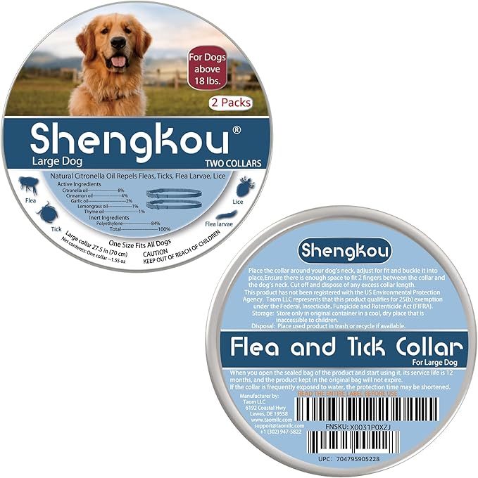 Flea and Tick Collar for Large Dog, Prevention and Control of Pests on Dogs, Safe Natural Ingredients Protection, Waterproof, Free Flea Drop and Comb, 27.5 inch, 2-Pack