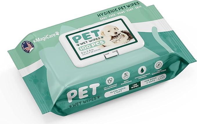 MAGICARE Grooming Wipes for Dogs & Cats - 100 Dog Wipes for Cleaning Paws, Ears and Butt - Unscented Deodorizing Pet Wipes for Dogs with Sensitive Skin - Proudly Made in USA