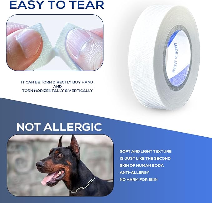 Ear Tape for Dogs 5 Pack with Dog Ear Cleaner Cotton Swabs, Self Adhesive Cotton Tape for Dog Ear Protection and Support, Ear Care Set for Dogs (Tape Width_0.5 inch(12mm))