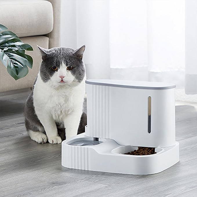 Automatic Cat Food Water Dispenser Gravity Pet Self Feeder Dry Food Bowl and Watering Supplies Dispenser for Indoor Small Medium Dog Puppy Kitten 2 in 1 (GREY)