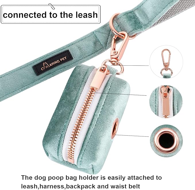 ARING PET Dog Waste Bag Dispenser, Velvet Green Doggy Poop Bags Holders Attach to Any Leashes, Portable Washable Pet Waste Pouch Dispenser with Metal Zipper