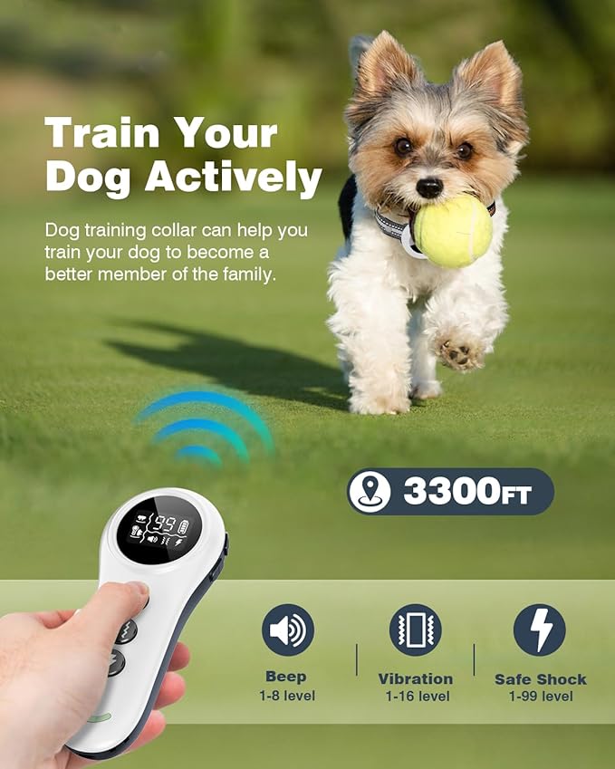 2-in-1 Dog Shock Collar & Dog Bark Collar - Smart Anti Barking Dog Training Collar with 5 Adjustable Sensitivity & 3300FT Remote for All Breeds IP67 Waterproof Rechargeable E-Collar (White)