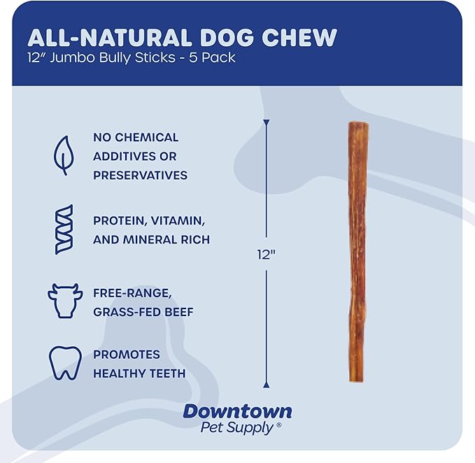Downtown Pet Supply Bully Sticks for Dogs (12", 5-pack, Jumbo) Non-GMO, Grain Free, Rawhide Free Dog Chews Long Lasting Pizzle Sticks - Low Odor Bully Sticks for Large Dogs