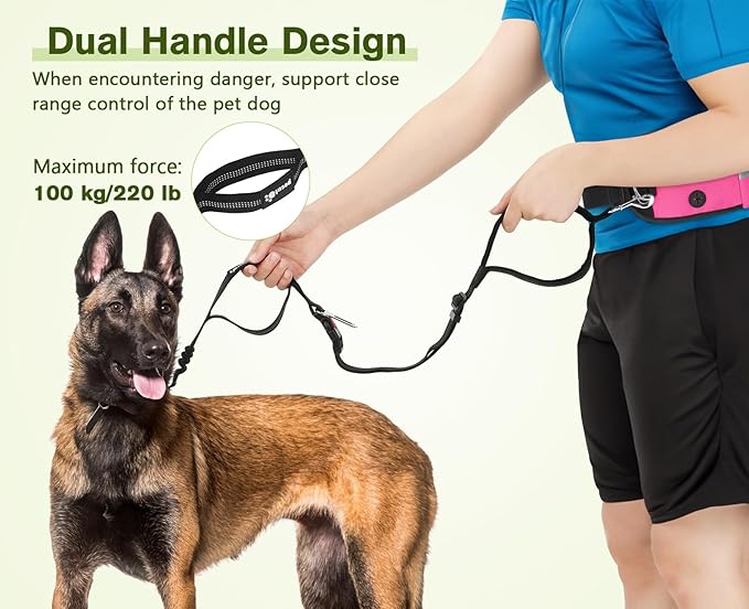 Pecute Hands Free Dog Leash with Pouch, Waist Belt Fanny Pack with Soft Pads, Dual Padded Handles, and Durable Bungee for Walking, Hiking, Jogging Biking, and Running (Up to 220lbs) Pink