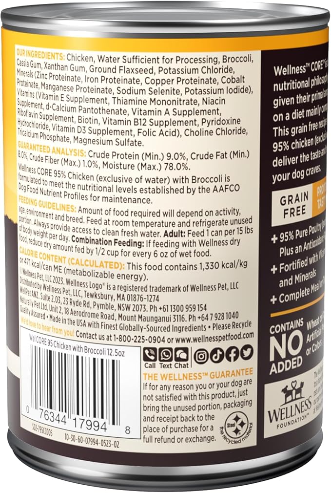 Wellness CORE 95% Natural Wet Grain Free Canned Dog Food, Chicken & Broccoli,12.5-Ounce Can (Pack of 12)