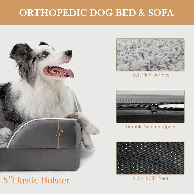 Waterproof Orthopedic Foam Dog Beds for Extra Large Dogs, XL Dog Bed with Bolster, Washable Dog Bed Sofa Pet Bed with Removable Cover & Non-Slip Bottom(X-large,Grey)