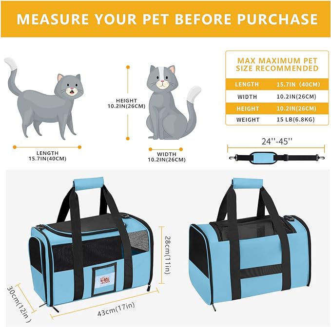 Cat Carrier, Dog Carrier, Pet Carrier Airline Approved for Cat, Small Dogs, Kitten, Cat Carriers for Small Medium Cats Under 15lb, Collapsible Soft Sided TSA Approved Cat Travel Carrier-Blue