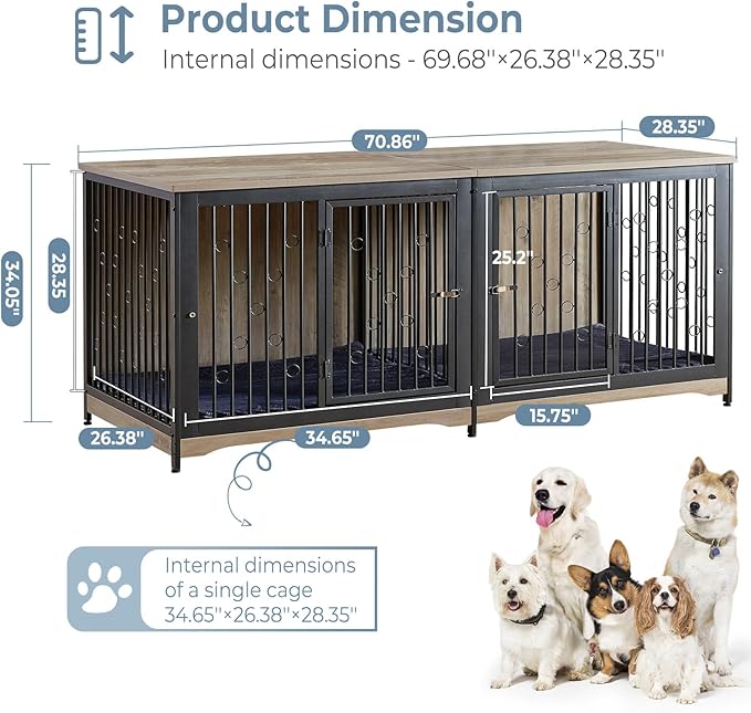 70.86'' Dog Crate Furniture Large Breed TV Stand with Cushion & Double Rooms,Wooden Dog Kennel Dog Crate End Table with Removable Divider for Large Medium Dogs, Grey