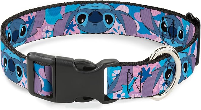 Disney Pet Collar, Dog Collar Plastic Buckle, Lilo and Stitch Stitch Flip Expressions Close Up Blues Pinks, 11 to 16.5 Inches 1.0 Inch Wide