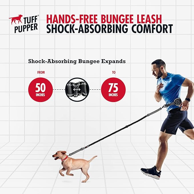 Tuff Pupper Heavy Duty Hands Free Dog Leash | One Small/Medium Dog Up to 45 lbs | Comfortable Shock Absorbing Bungee | Reflective Padded Handles | Lumbar Waist Belt 22-45" | Jogging Running Leash