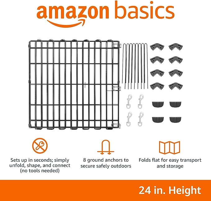 Amazon Basics Foldable Octagonal Metal Exercise Pet Play Pen for Dogs, Fence Pen, No Door, Extra Small, 60 x 60 x 24 Inches, black