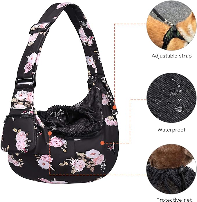 MOSISO Dog Cat Sling Carrier, Pet Dog Carrier Camellia Tote Bag Hands Free Adjustable Padded Strap Breathable Polyester Soft Carrying Travel Shoulder Bag with Front Pocket for Small Dog Cat, Black