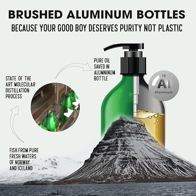 Salmon Oil | Unscented Pharmaceutical Grade | 1118mg of Omega-3 per teaspoon | Liquid Food Supplement For Dogs and Cats | BPA-Free Brushed Aluminum Epoxy coated Bottle with Pump 8.75oz