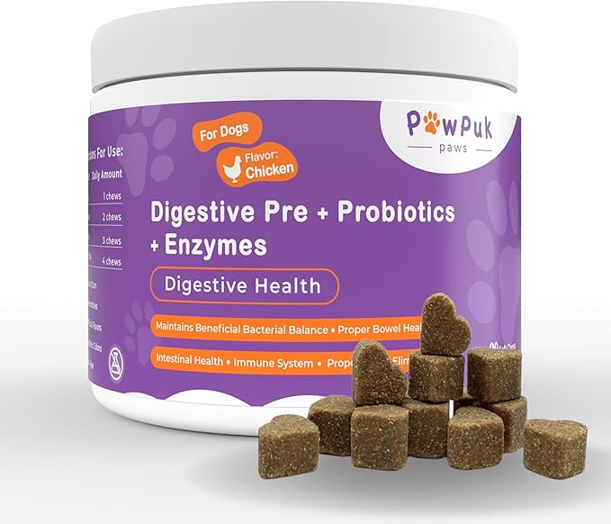 Digestive Supplements for Dogs, Vitamins, Inulin - Beneficial Bacterial Balance, Fiber, Probiotics - Healthy Gut Microbes, Bowel, Intestinal, Immune Support, Proper Solids Elimination