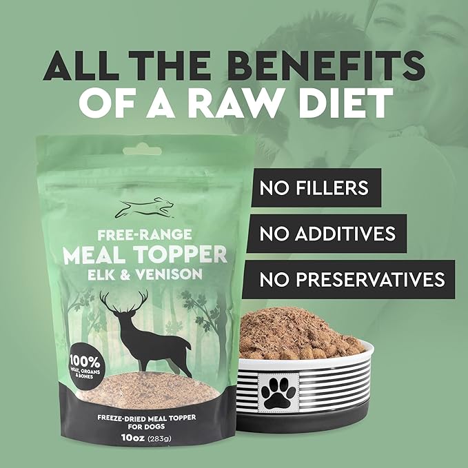Emmy's Best EBPP Free Range Dog Food Topper 10oz - Freeze Dried Raw Dog Food - Elk & Venison Dog Food Additives - Made in The USA