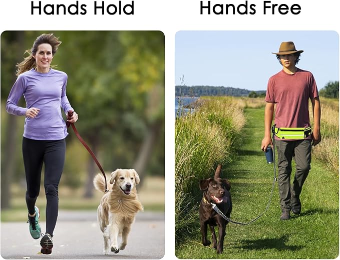 Hands Free Dog Leash, Green Dogs Leash Hands Free for Small Large Dogs with Waterproof Zipper Pouch Reflective Durable Adjustable Waist Belt with Handle Bungee for Dog Walking Jogging