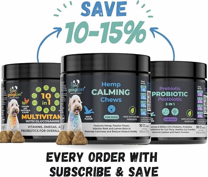 Googipet Hemp Calming Chews for Dogs - Separation Anxiety Relief for Dogs, Dog Calming Chews with Valerian Root, & Hemp, Non-Drowsy Dog Calming Treats - Helps Aid with Thunder, Shaking & Barking