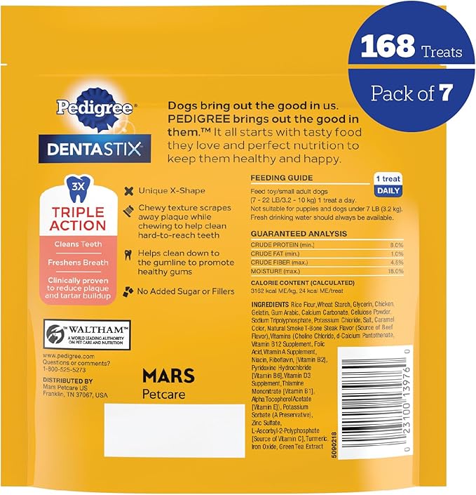 PEDIGREE DENTASTIX Toy/Small Dog Dental Treats Beef Flavor Dental Bones, 24 Treats, 5.96 Ounce (Pack of 7)