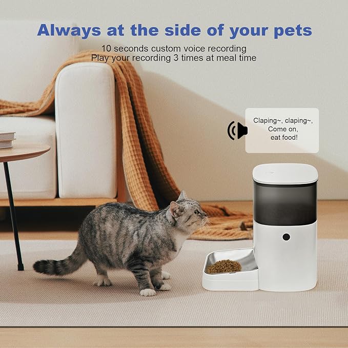 Automatic Cat Feeder, Cat Food Dispenser with 10s Voice Recorder, Pet Feeder up to 8 Meals per Day, Timed Cat Feeder with Dry Food Sealed Ring(White, 4L)