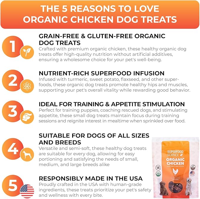 Organic Dog Treats with Chicken, Sweet Potato, Turmeric, and Flaxseed, Low-Calorie Semi-Soft Healthy Training Treats for Puppy, Small, Medium, and Large Dogs, Gluten-Free, 5 oz